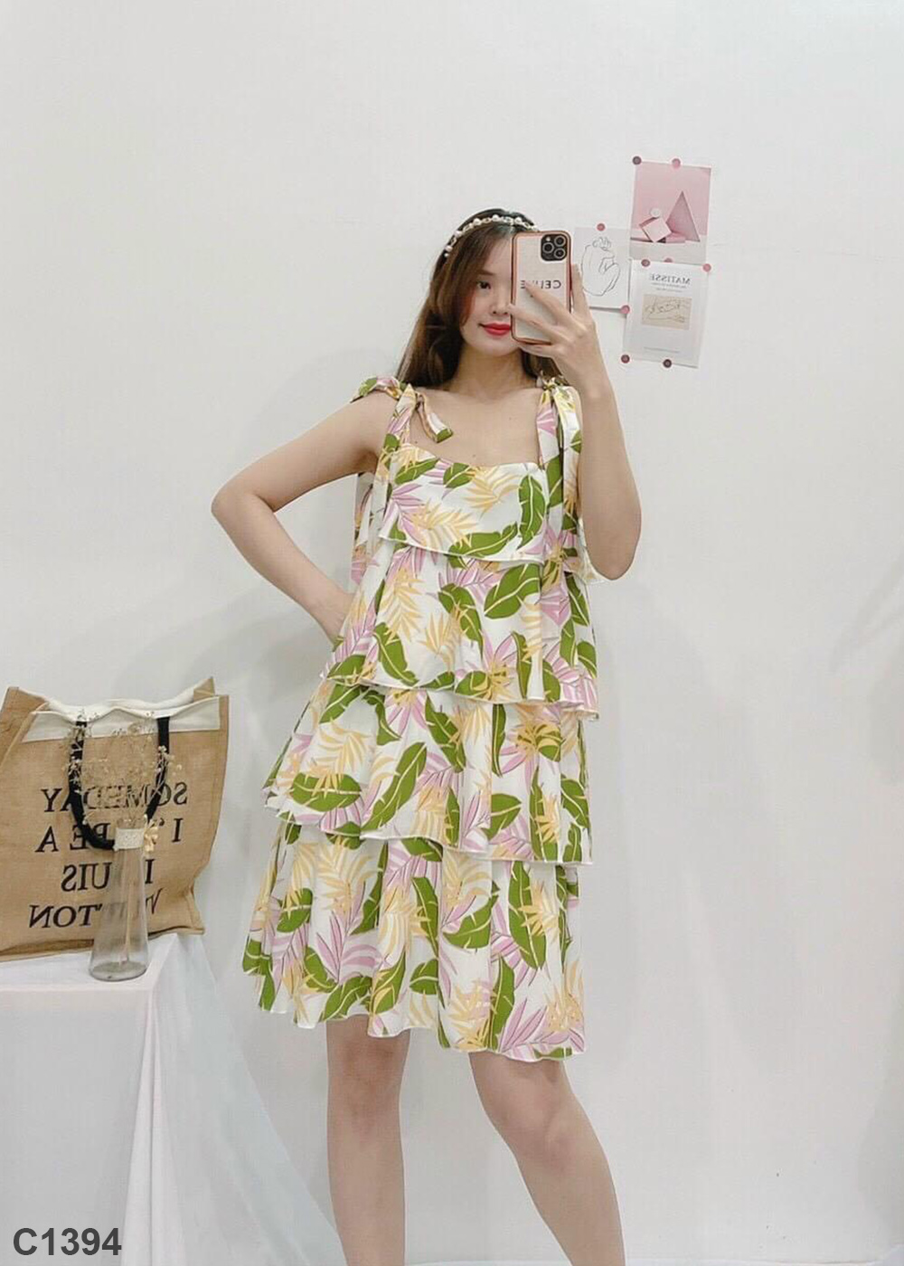 Đầm 2 dây tầng lá trắng C1394