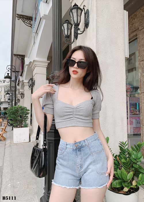 Quần jean short kiểu túi tua xanh B5111