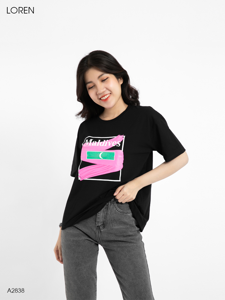 Áo thun nữ LOREN in hình Maldives đen A2838