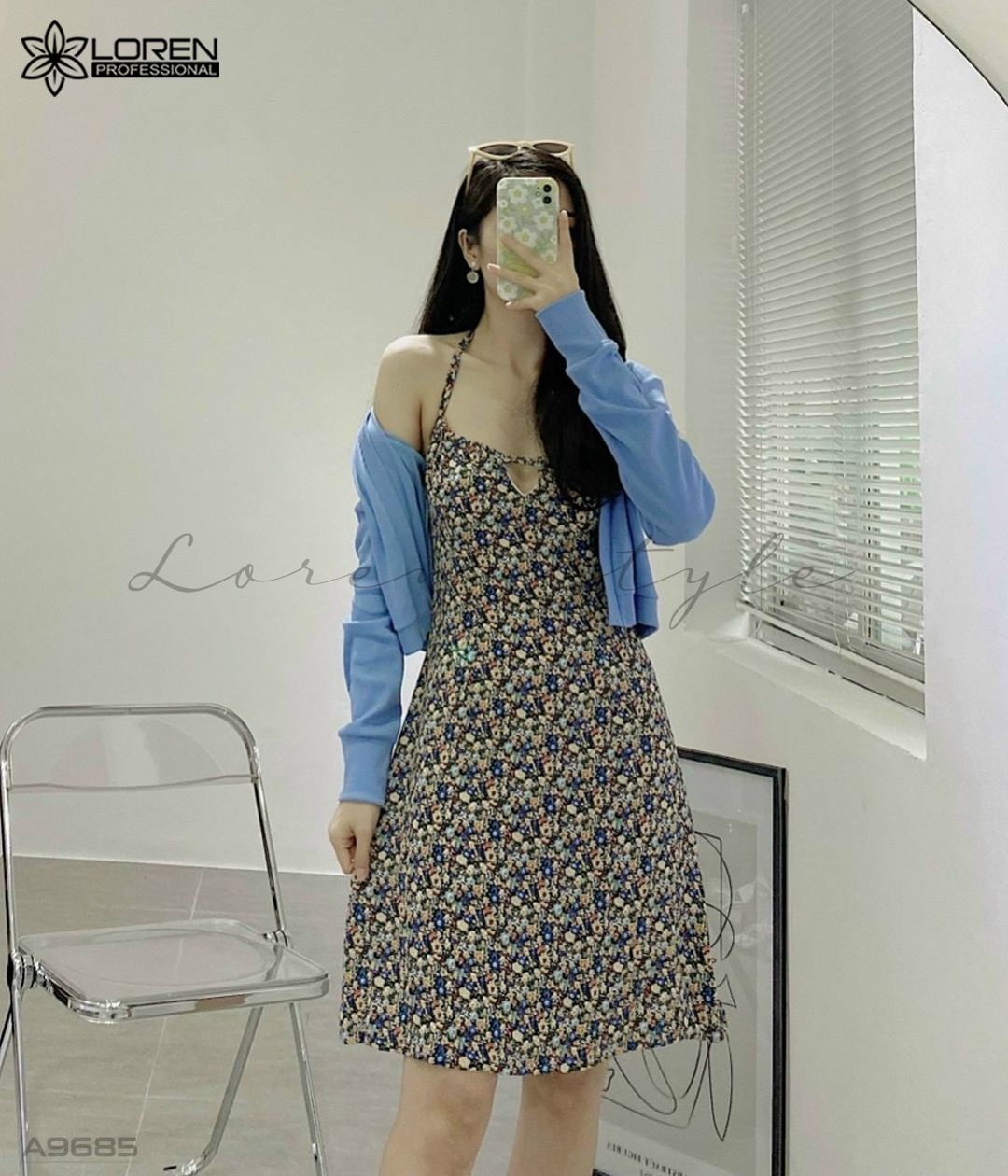 Set đầm hoa cổ yếm kèm khoác A9685