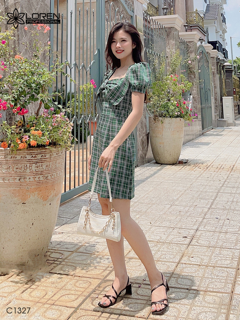 Đầm caro nơ xanh C1327