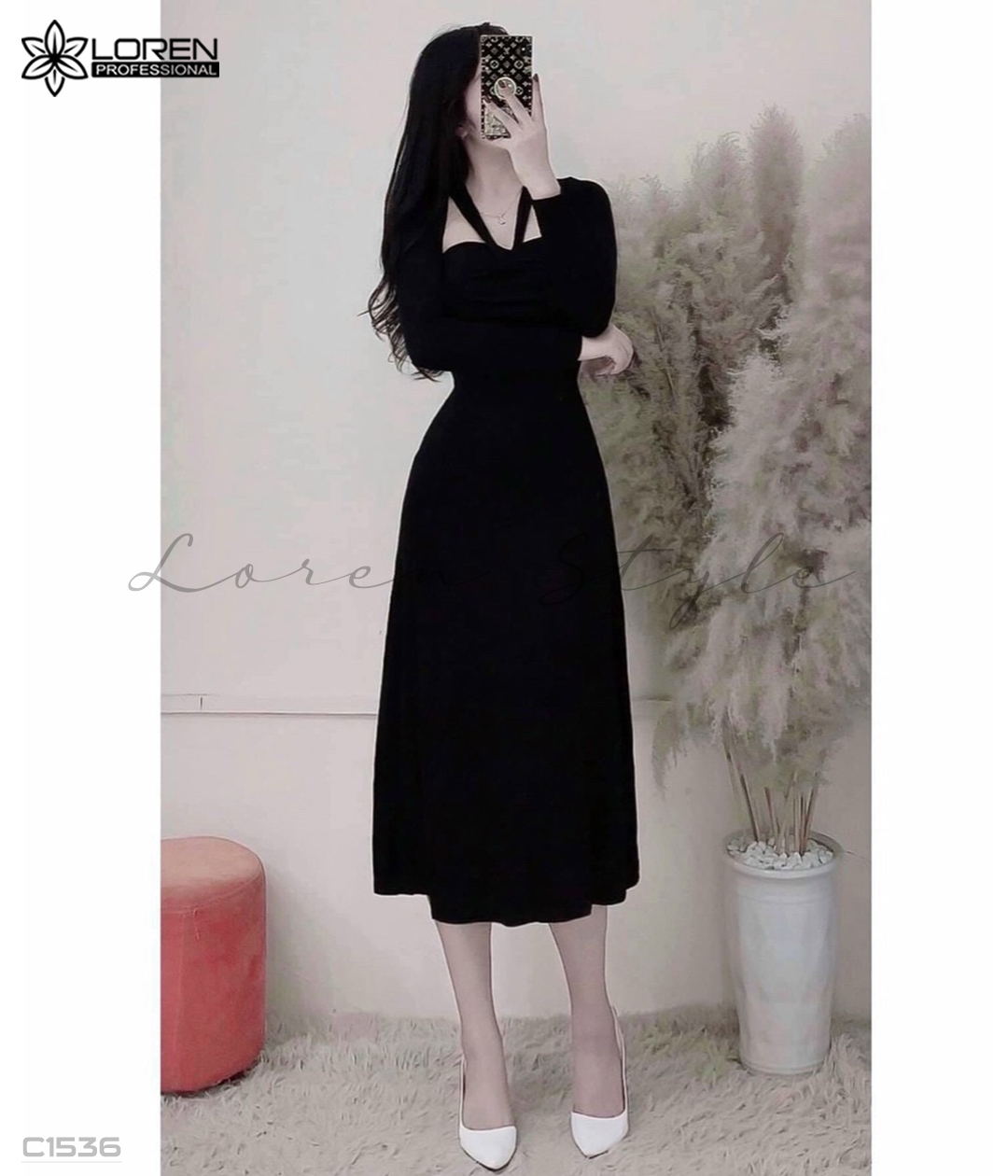 Đầm xòe dài tay đen C1536