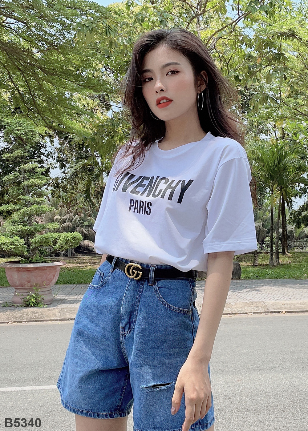 Quần jean ngố rách xanh B5340