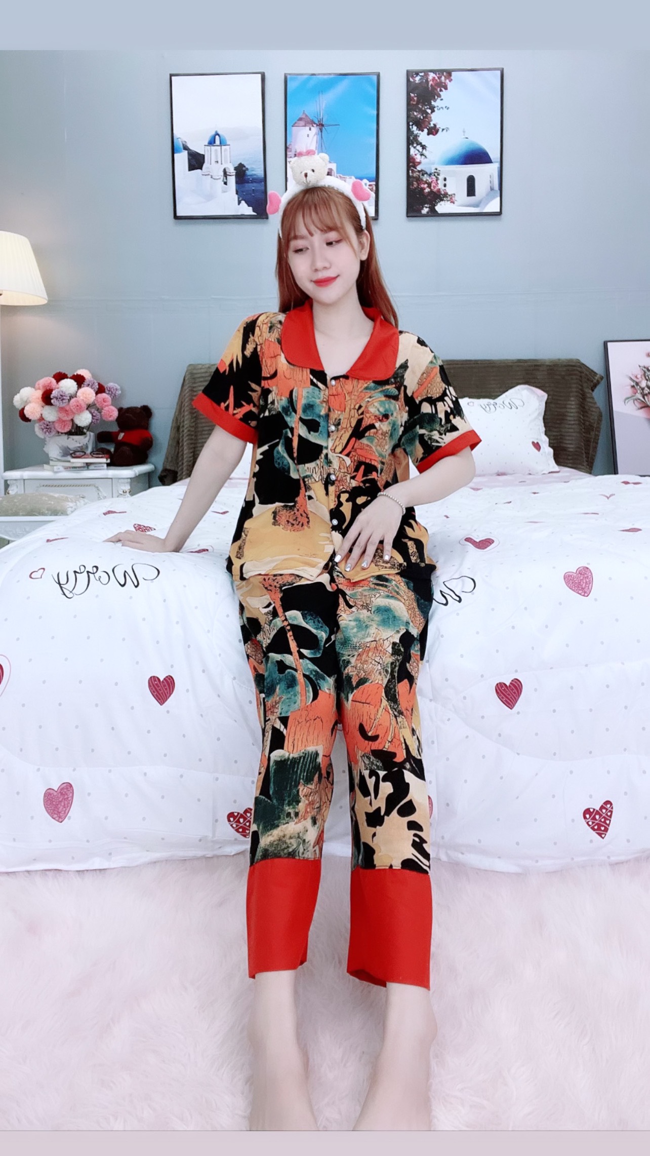 Đồ ngủ pijama tay ngắn quần dài cam D1631