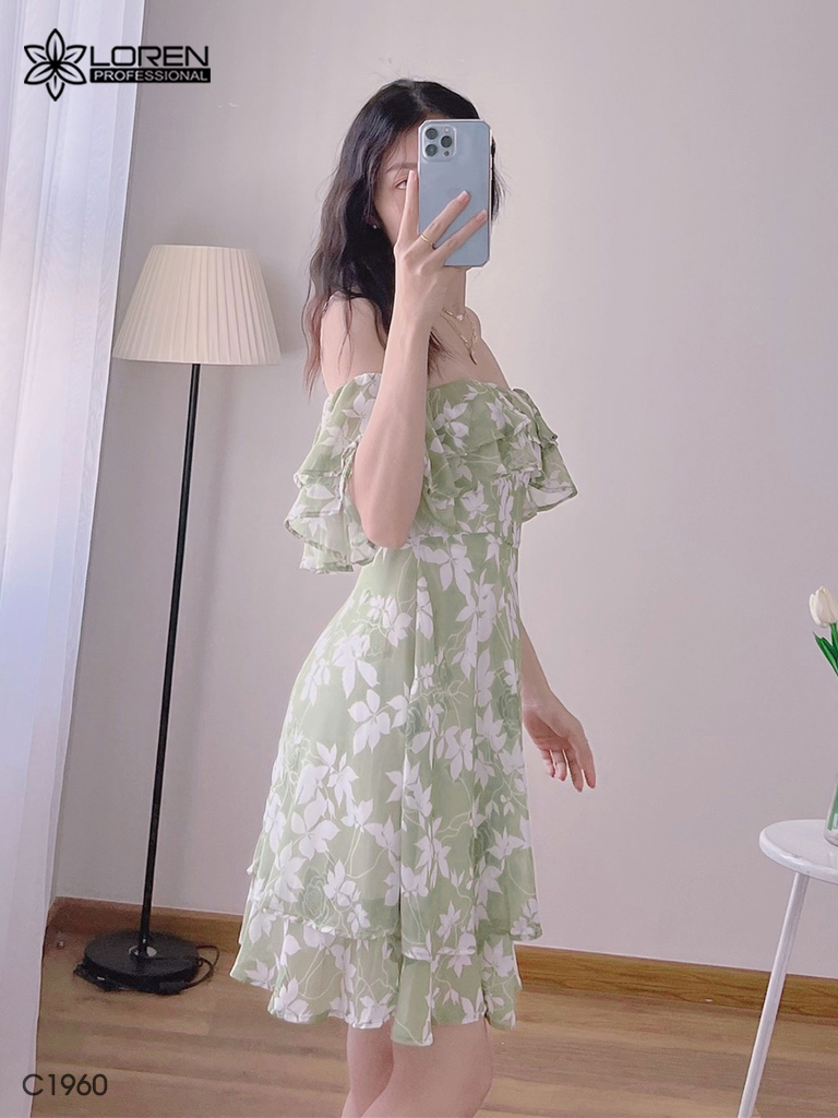 Đầm hoa nữ LOREN bẹt vại xanh bơ C1960