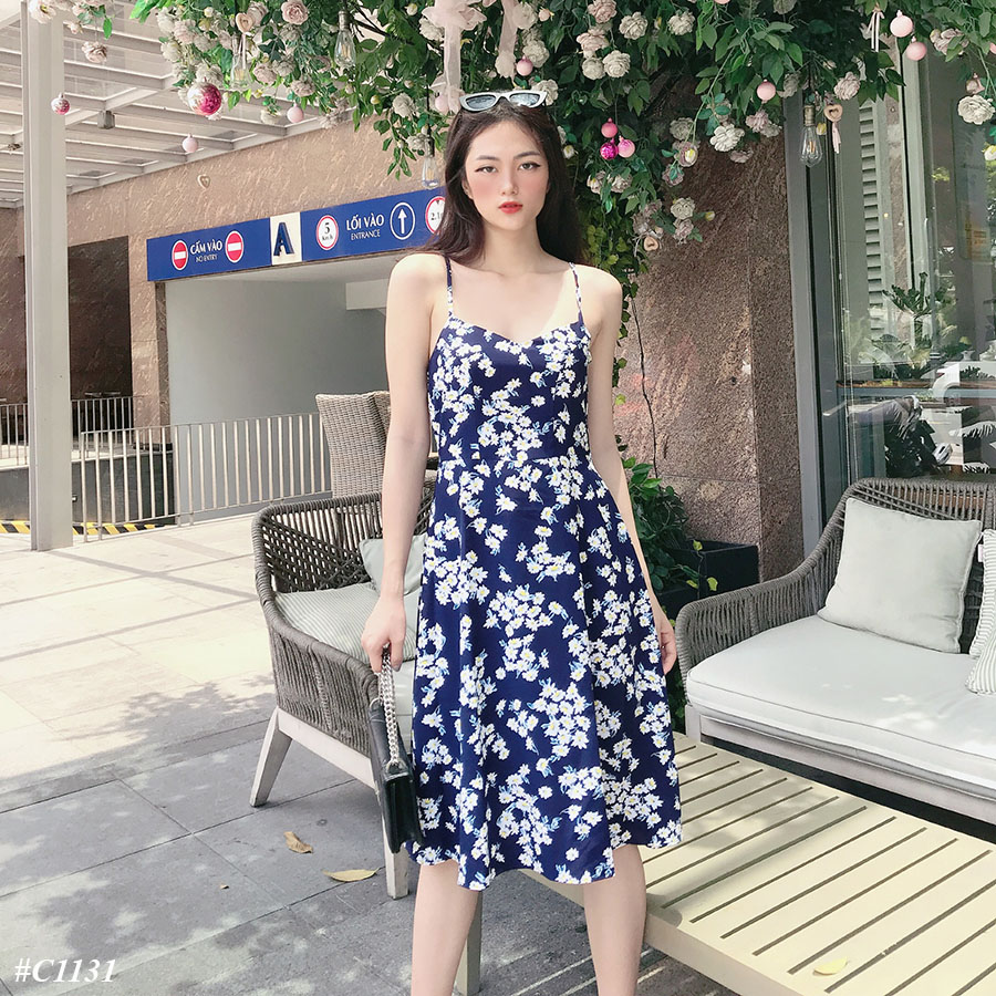 Đầm LOREN 2 dây hoa cúc xanh C1131