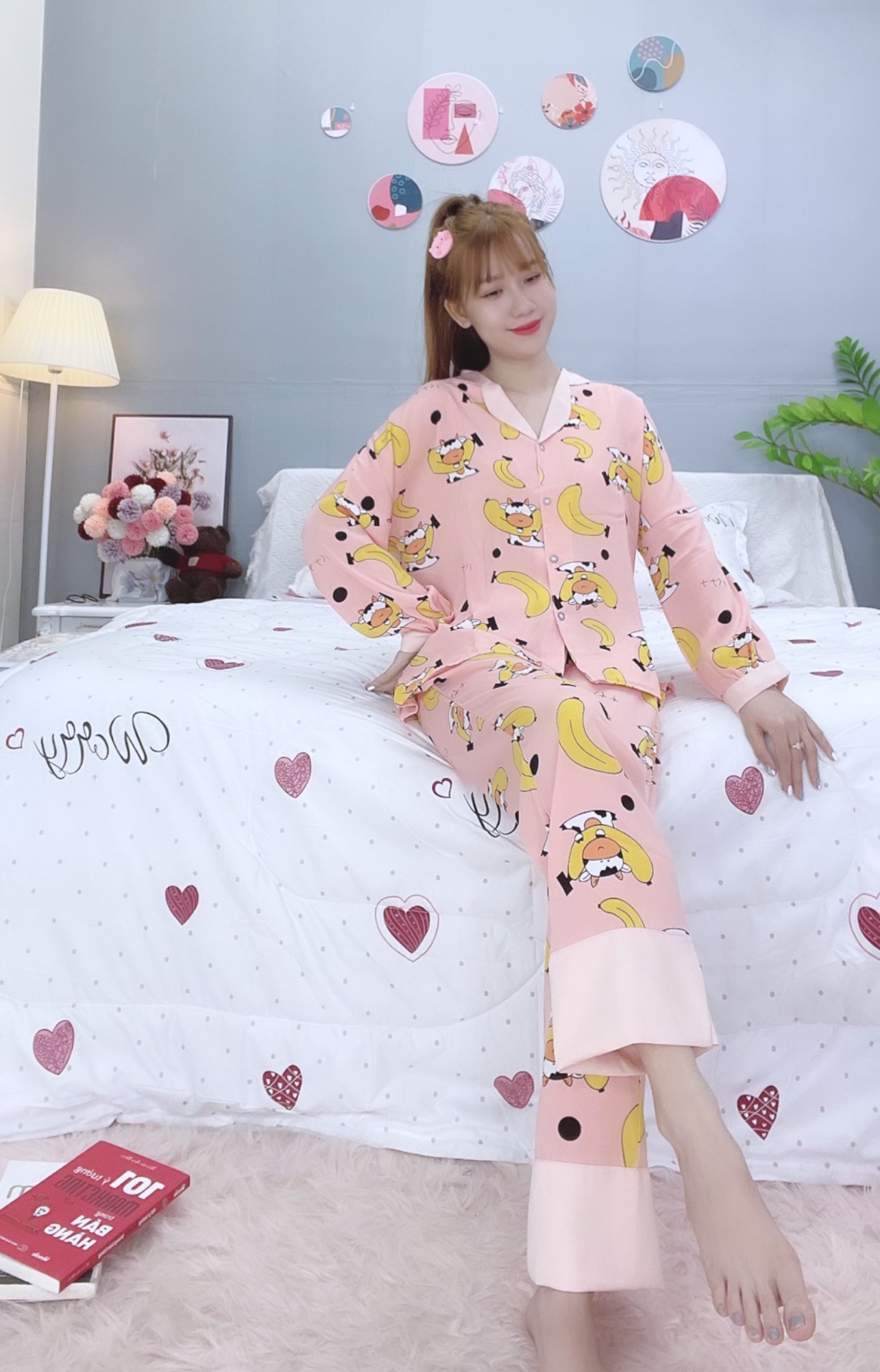 Đồ ngủ pijama dài phối cổ bèo hồng D1647
