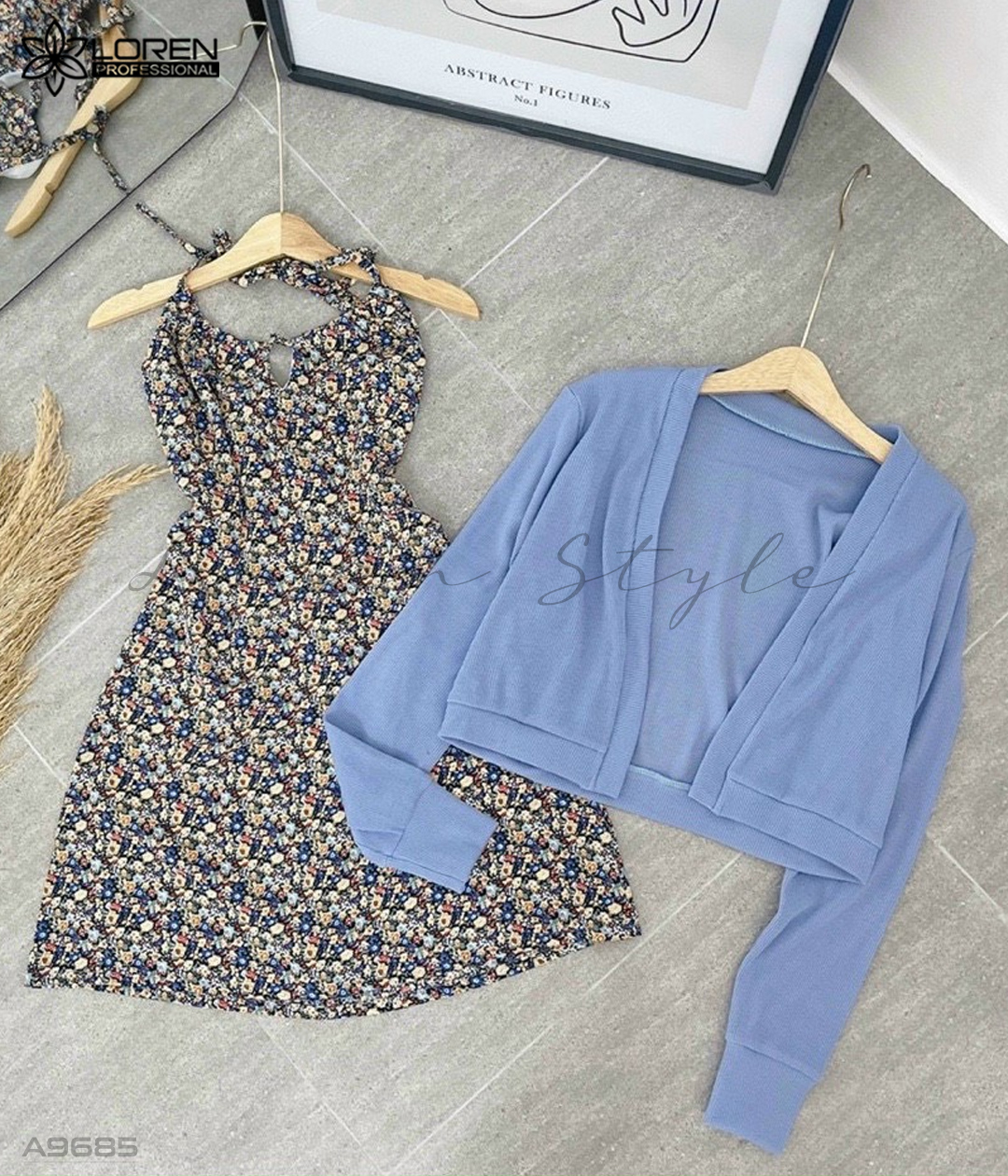 Set đầm hoa cổ yếm kèm khoác A9685