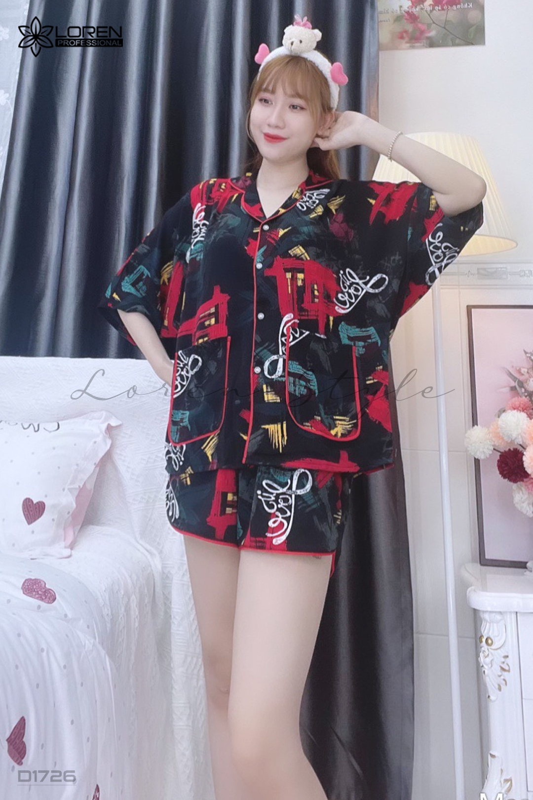 Đồ ngủ pijama ngắn phối màu đen D1726