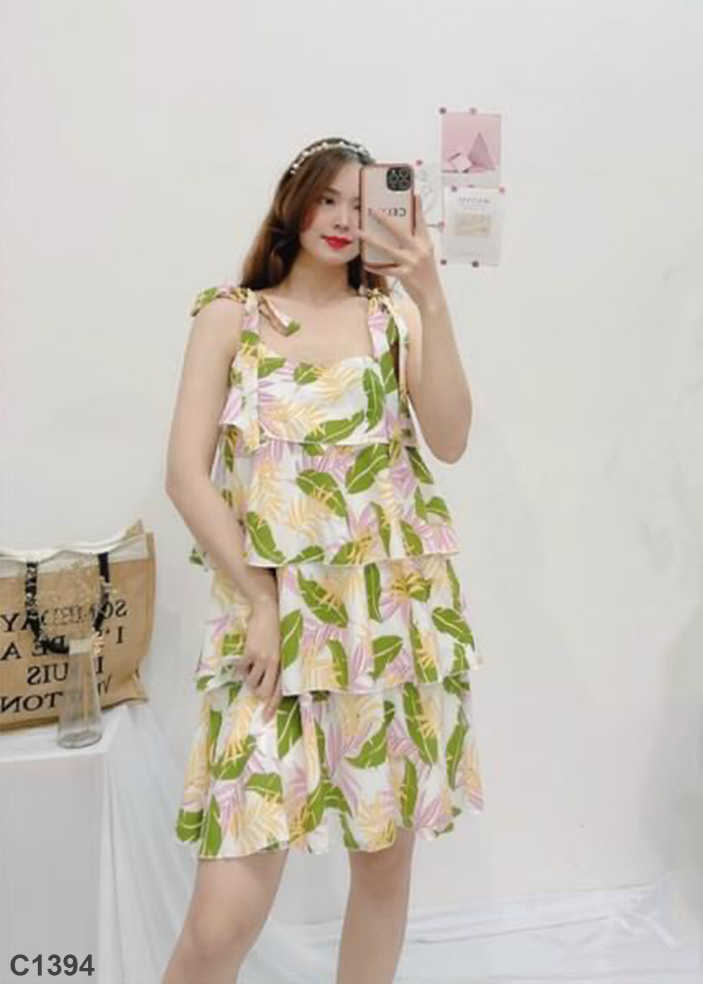 Đầm 2 dây tầng lá trắng C1394