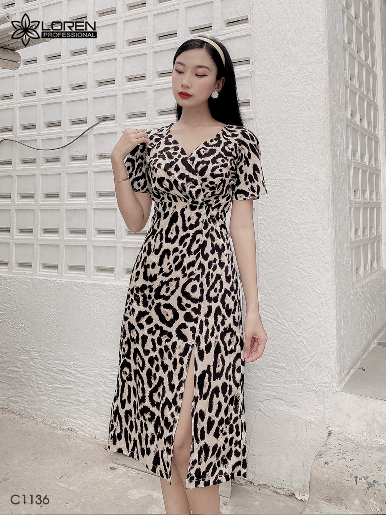 Đầm LOREN hoa vằn xẻ lai vàng C1136