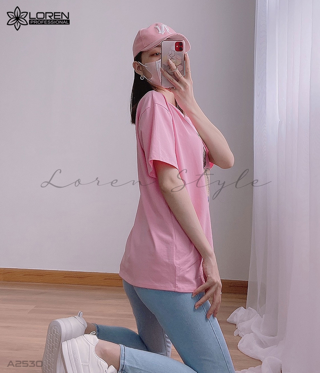 Áo thun hình gấu bearbrick hồng A2530