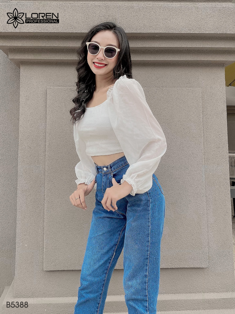 Quần jean baggy LOREN xẻ tua xanh B5388