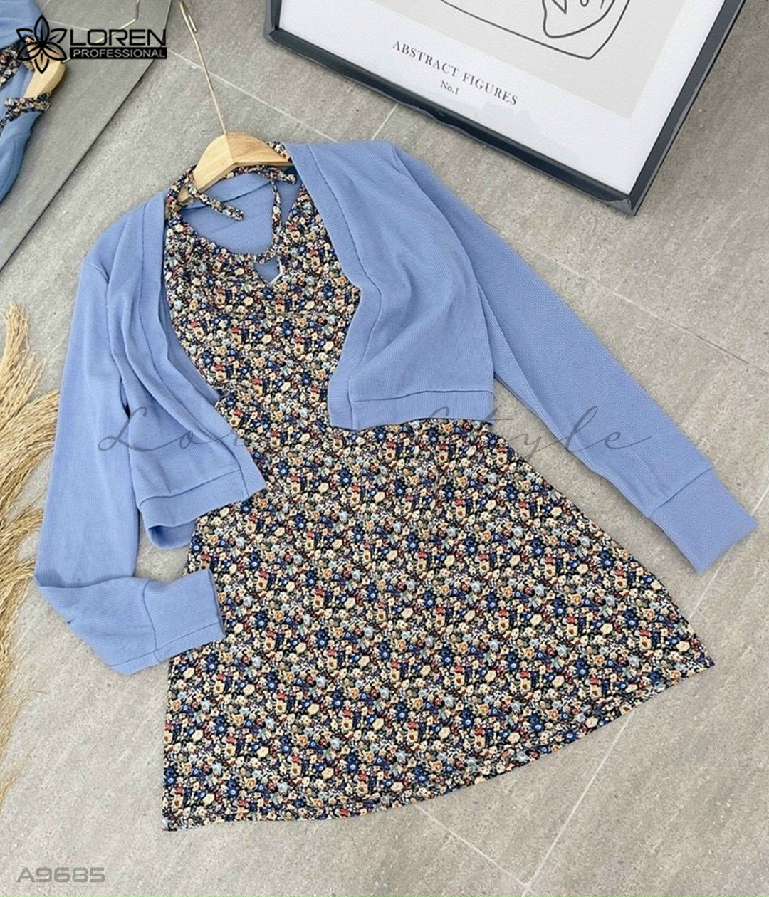 Set đầm hoa cổ yếm kèm khoác A9685