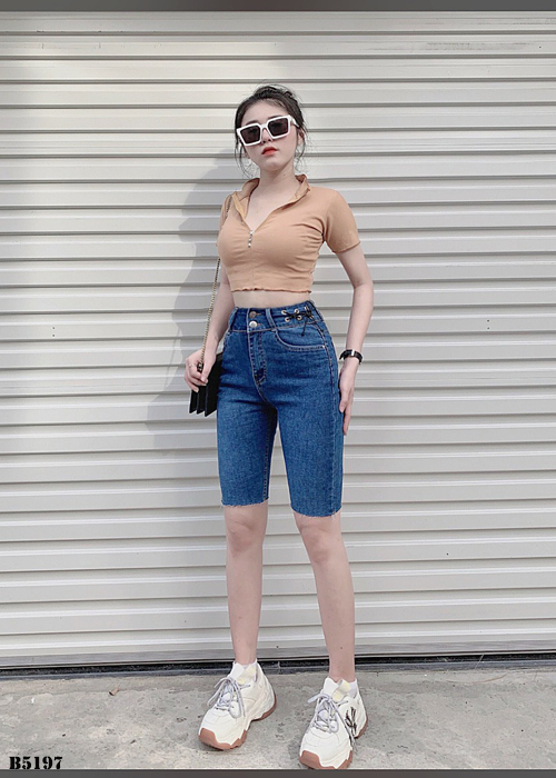 Quần jean ngố thắt dây tua xanh B5197