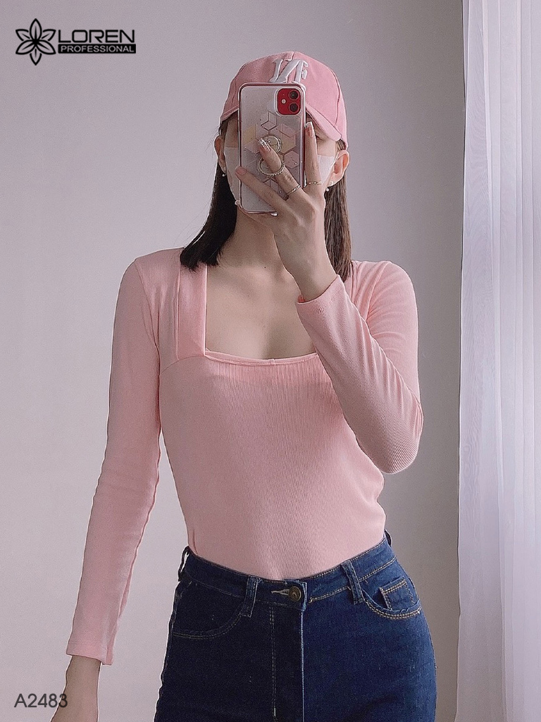Áo thun nữ LOREN tay dài cổ vuông hồng A2483