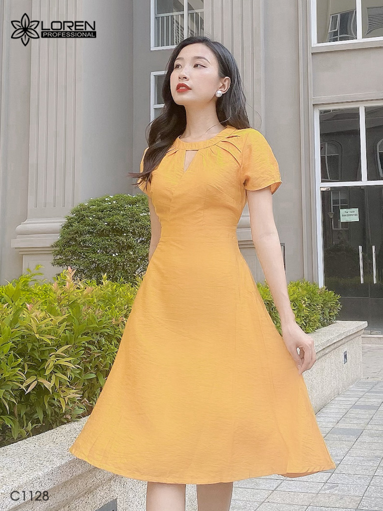 Đầm LOREN xòe cổ tròn vàng C1128