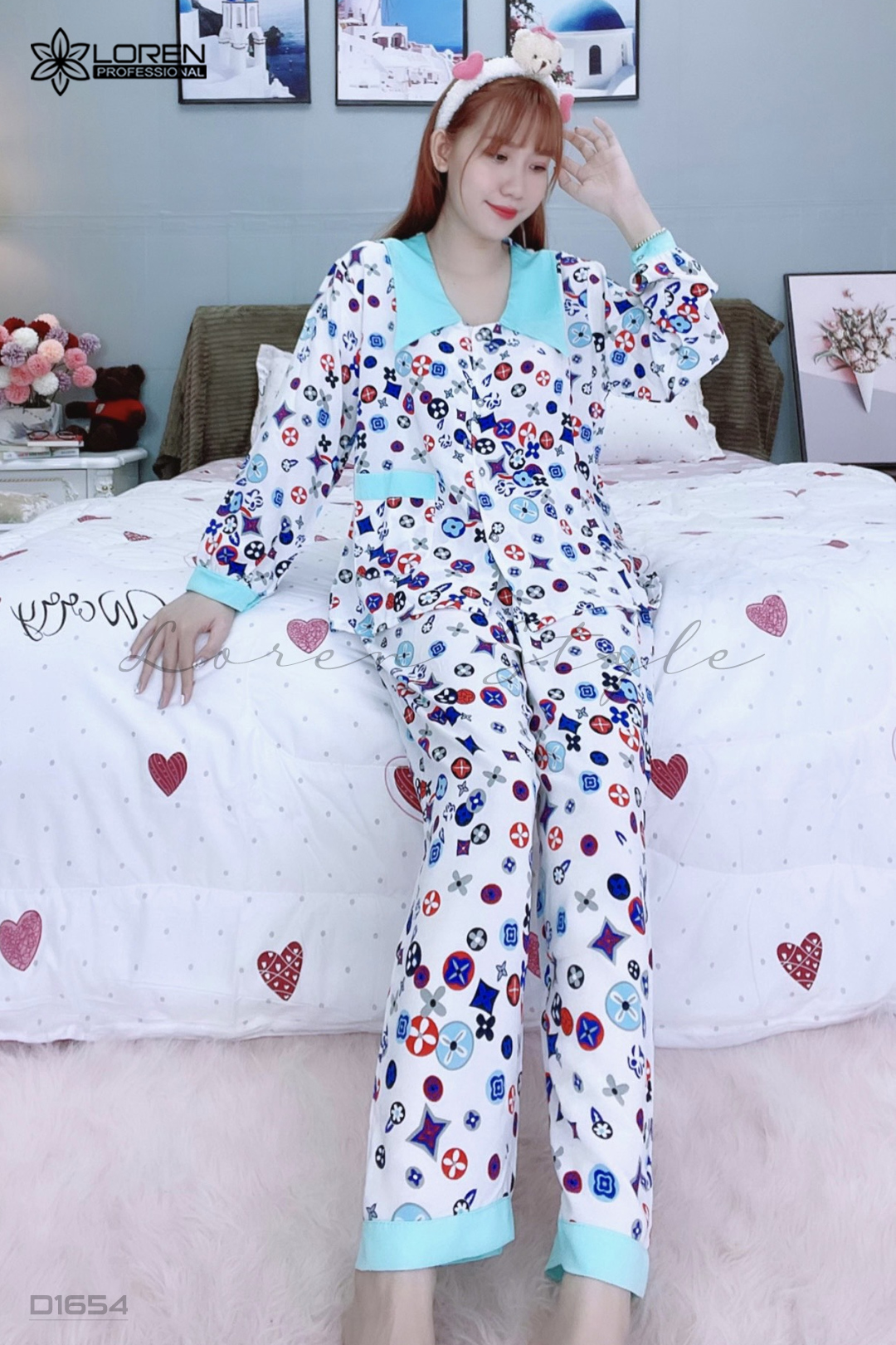 Đồ ngủ pijama dài phối cổ bèo xanh D1654