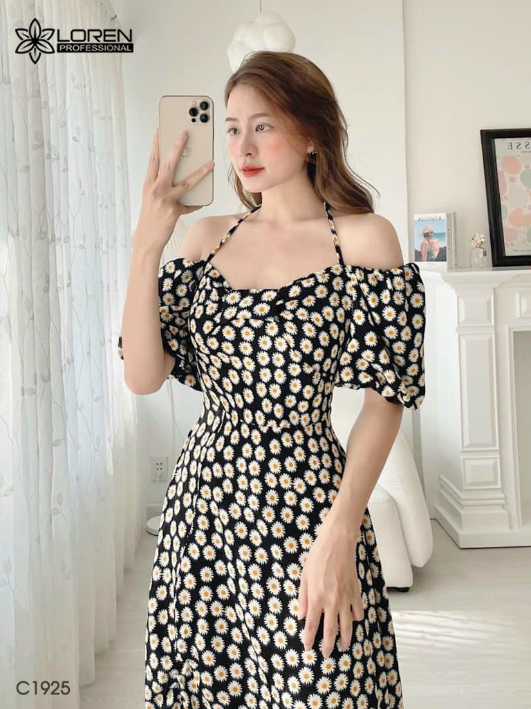 Đầm maxi loren đen hoa cúc bo chun C1925
