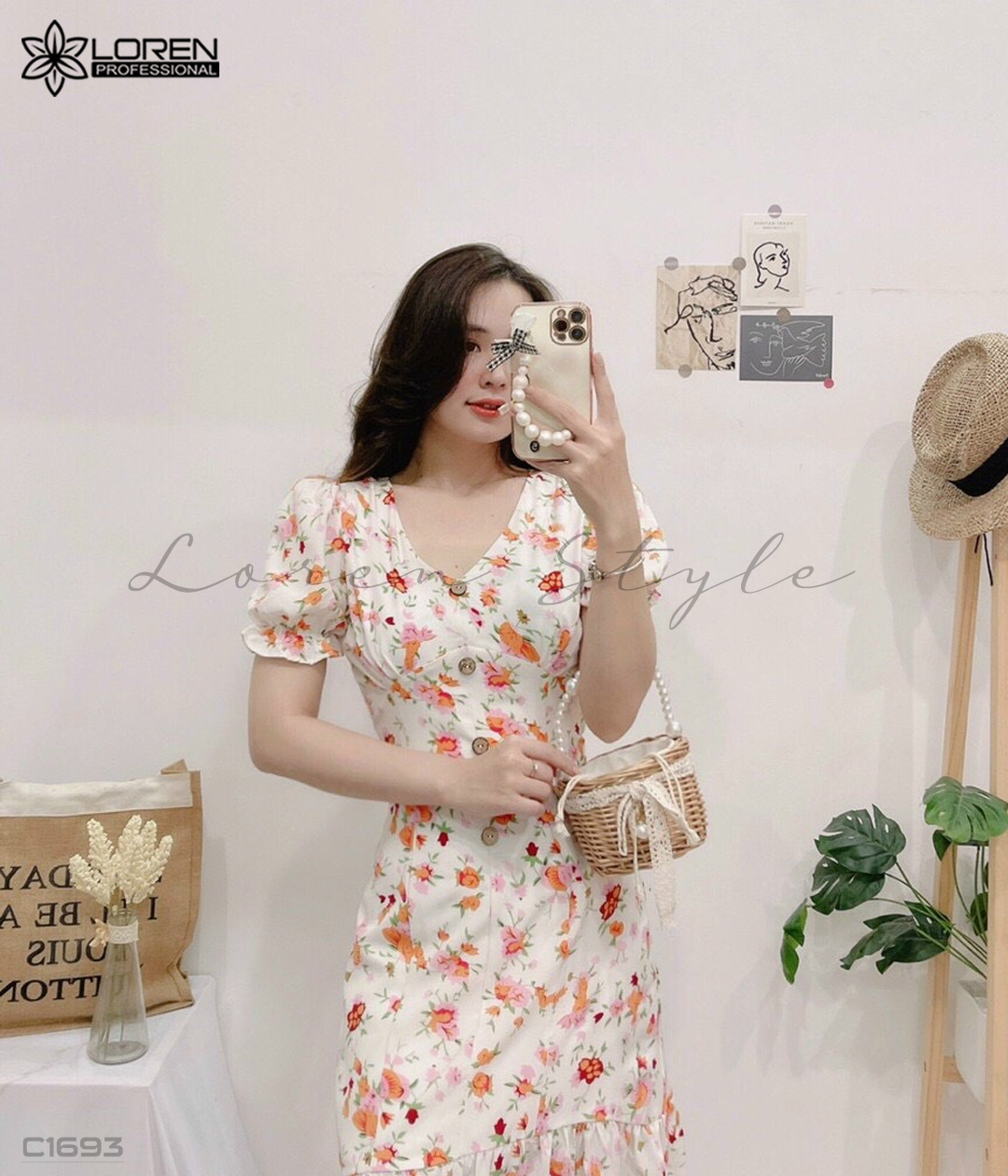 Đầm xòe nút gỗ hoa nhí cam C1693