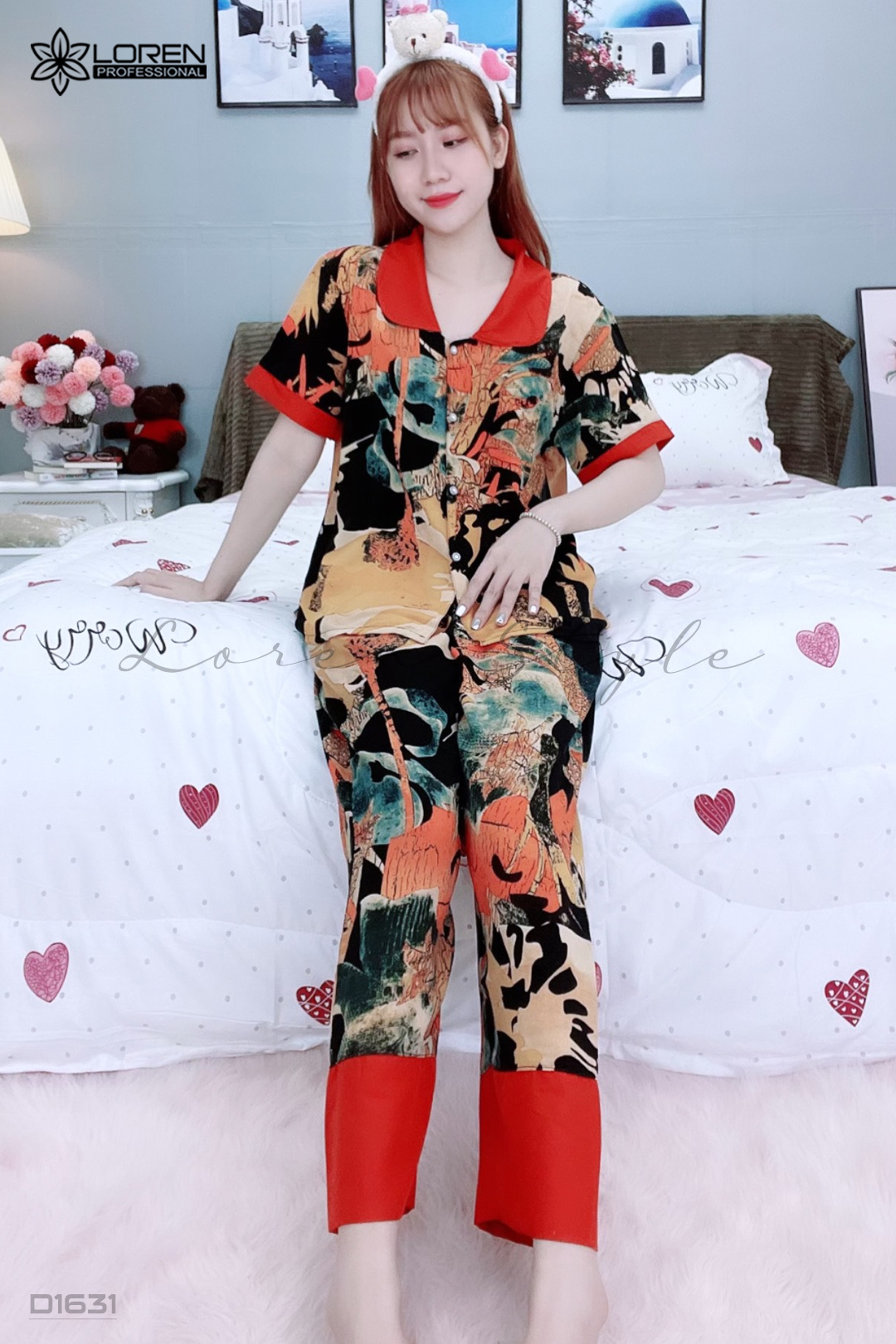 Đồ ngủ pijama tay ngắn quần dài cam D1631