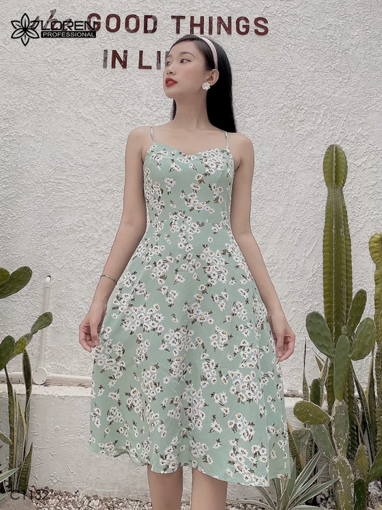 Đầm LOREN 2 dây hoa cúc xanh C1132