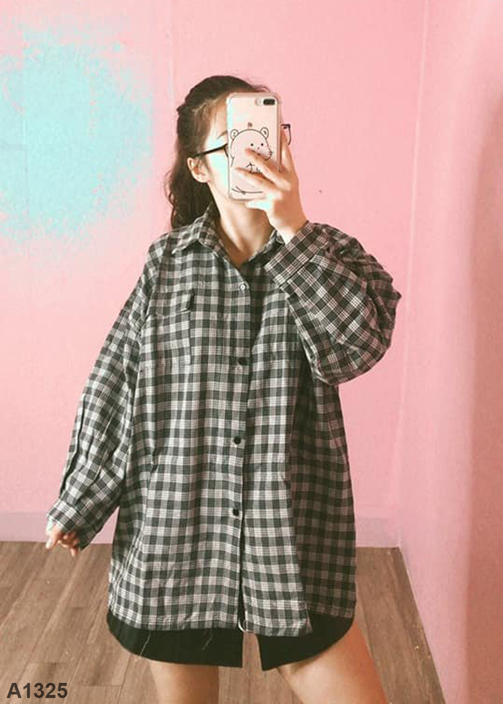 Áo sơ mi tay phồng caro xám A1325