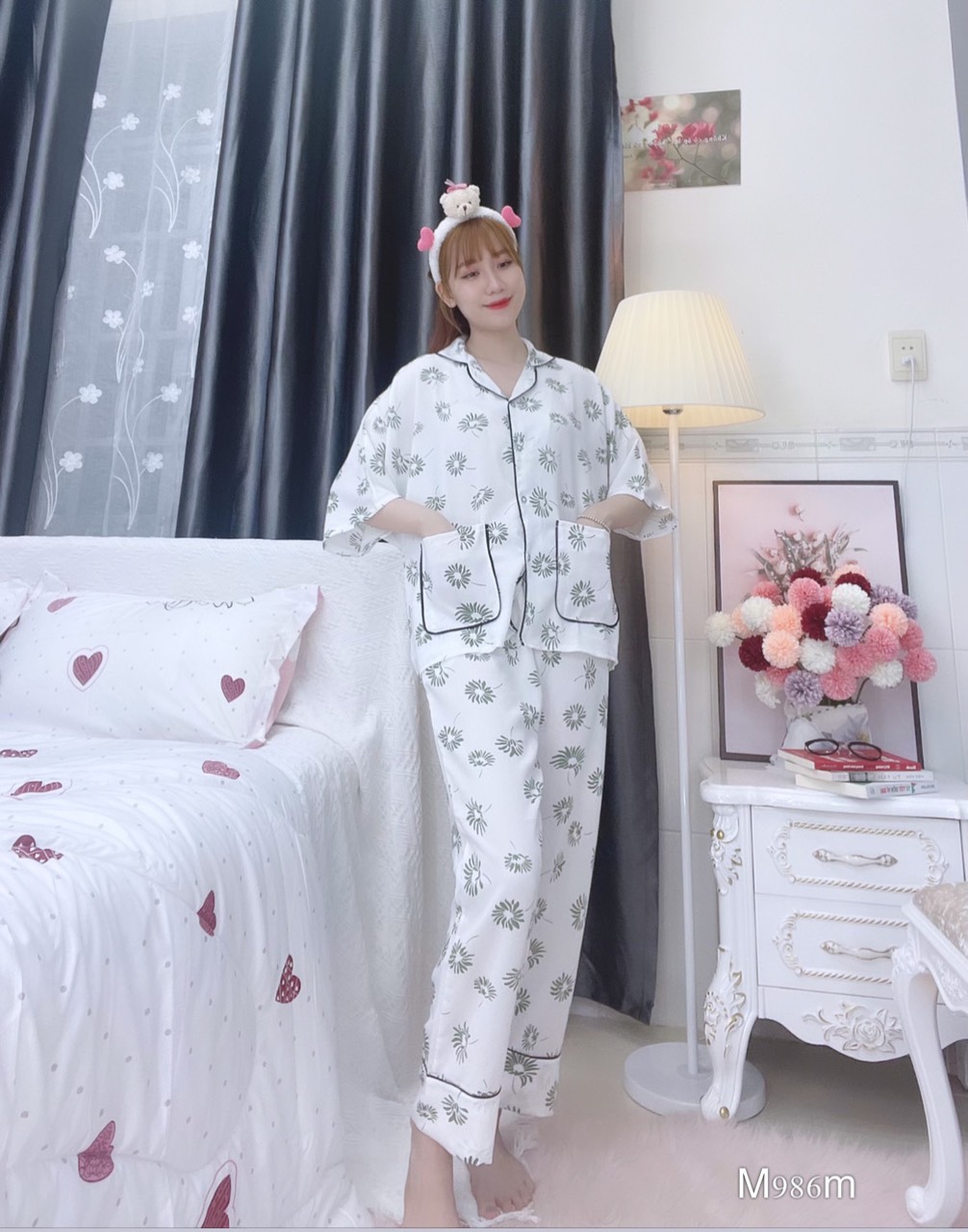 Đồ ngủ pijama tay ngắn quần dài trắng D1708