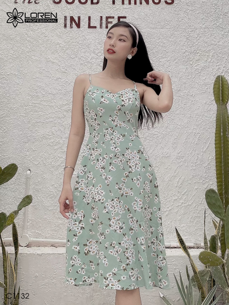 Đầm LOREN 2 dây hoa cúc xanh C1132