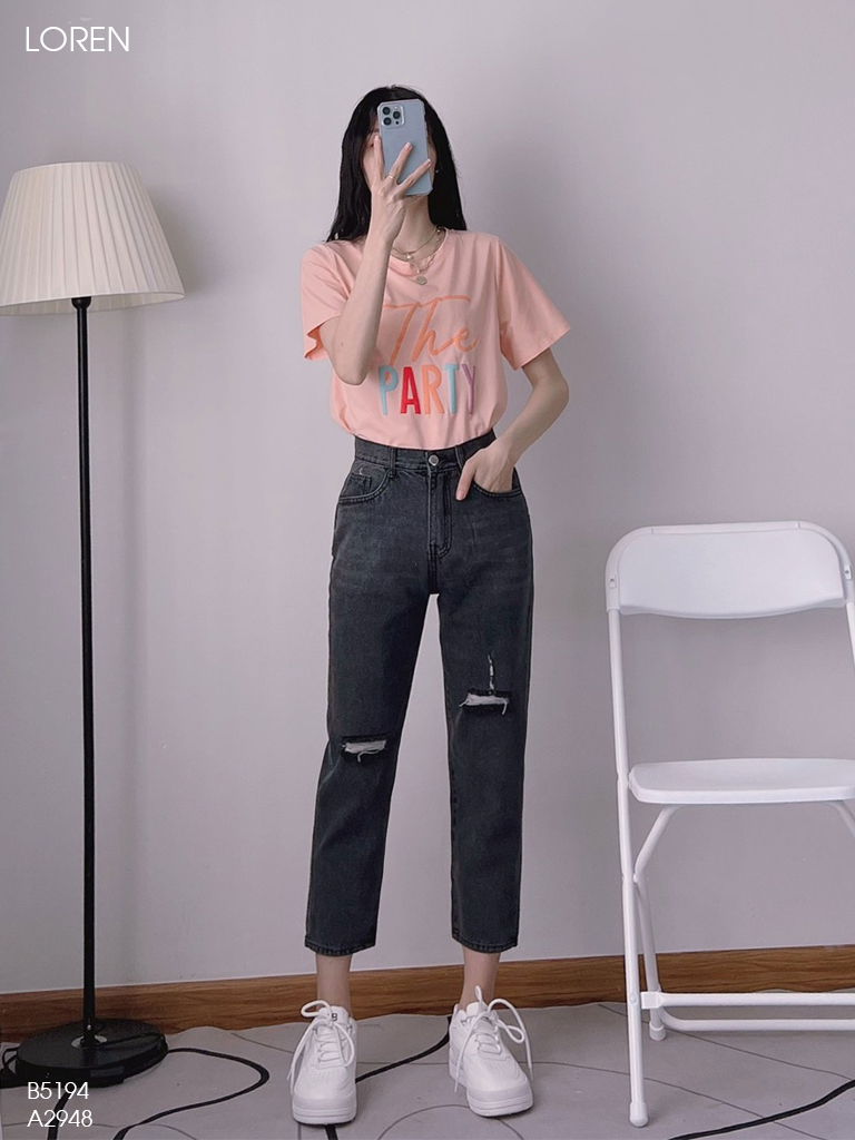 Quần jean baggy LOREN rách đen B5194