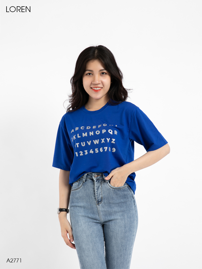 Áo thun nữ LOREN in chữ xanh A2771