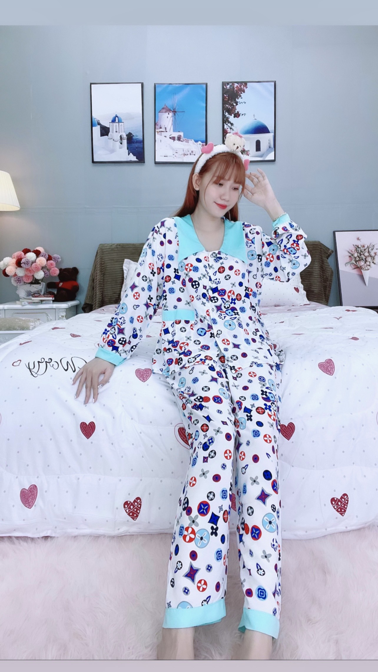 Đồ ngủ pijama dài phối cổ bèo xanh D1654