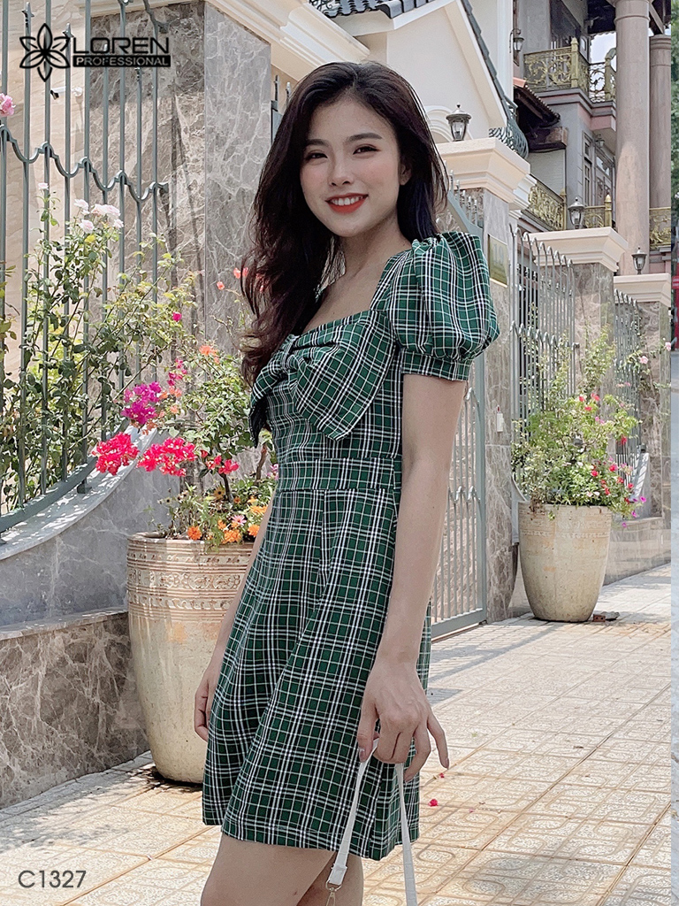 Đầm caro nơ xanh C1327