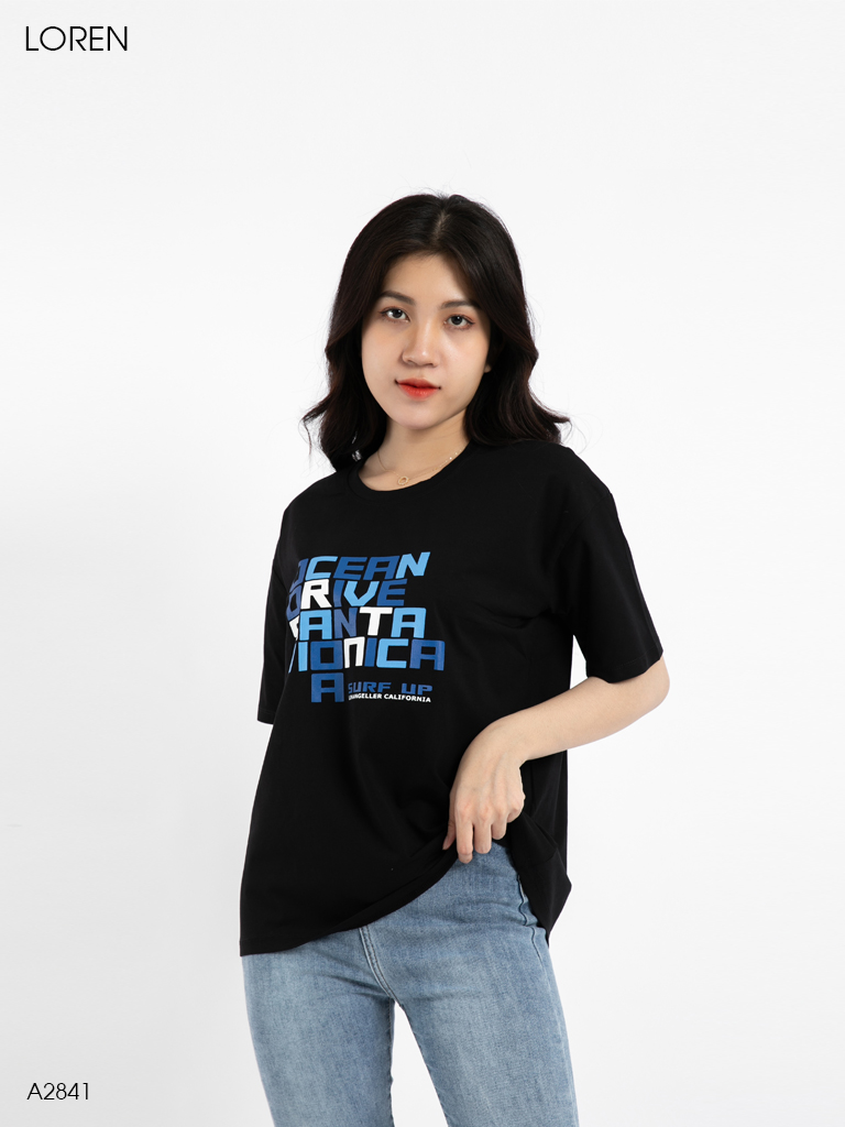 Áo thun nữ LOREN cổ tròn in chữ đen A2841