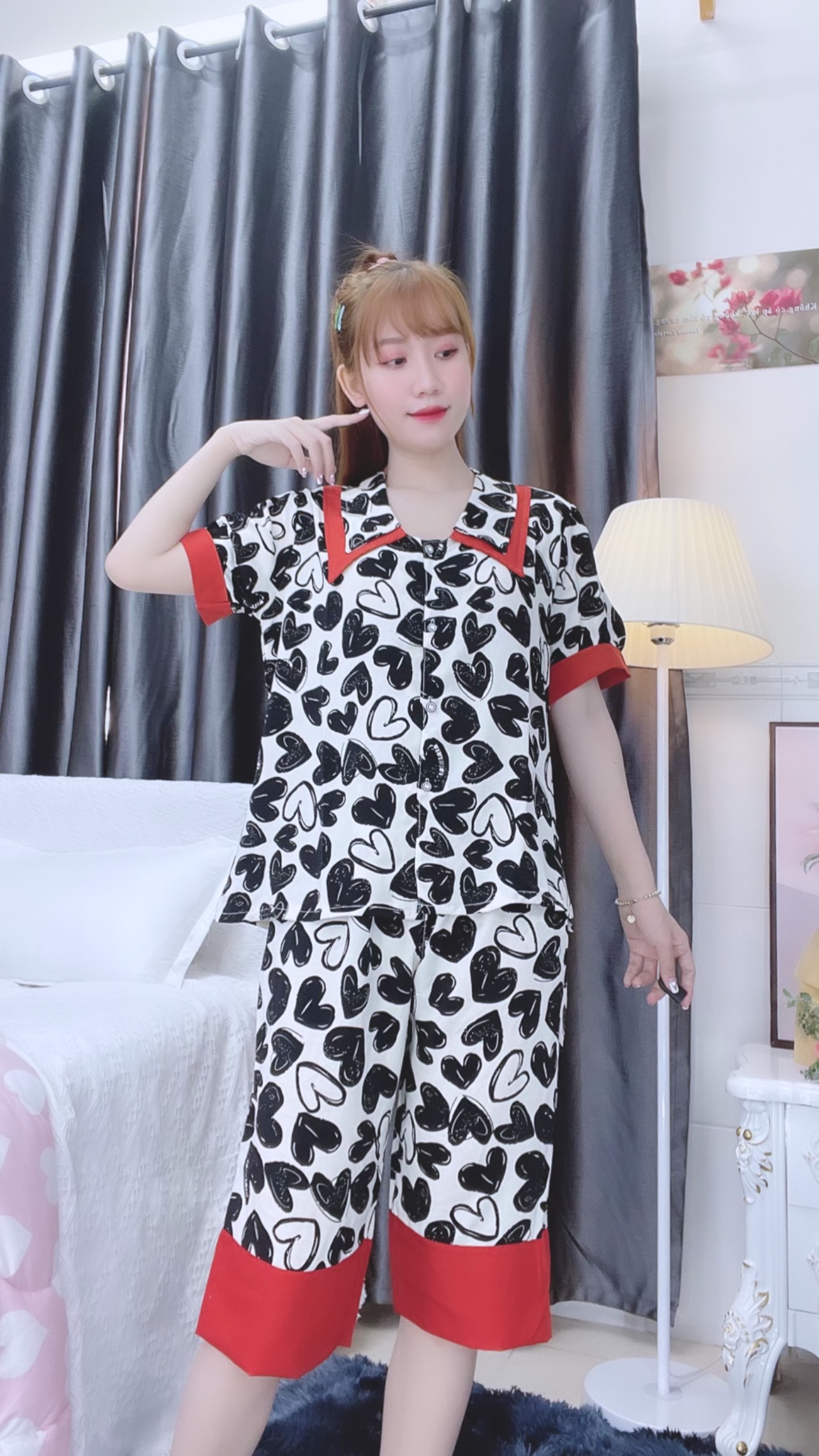 Đồ ngủ pijama lửng phối màu đen D1718