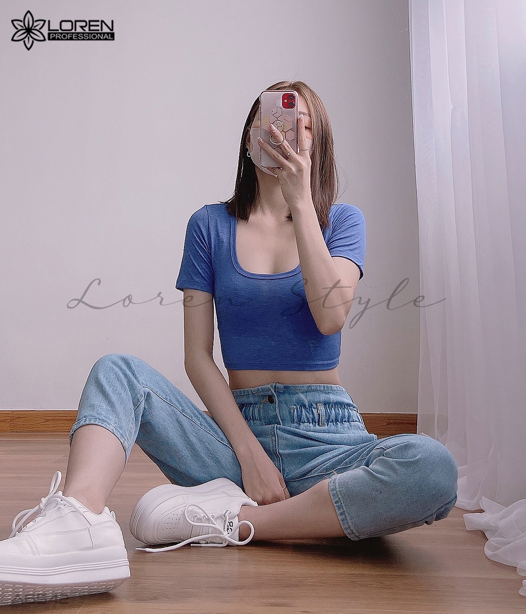 Áo croptop cổ vuông xanh A6542