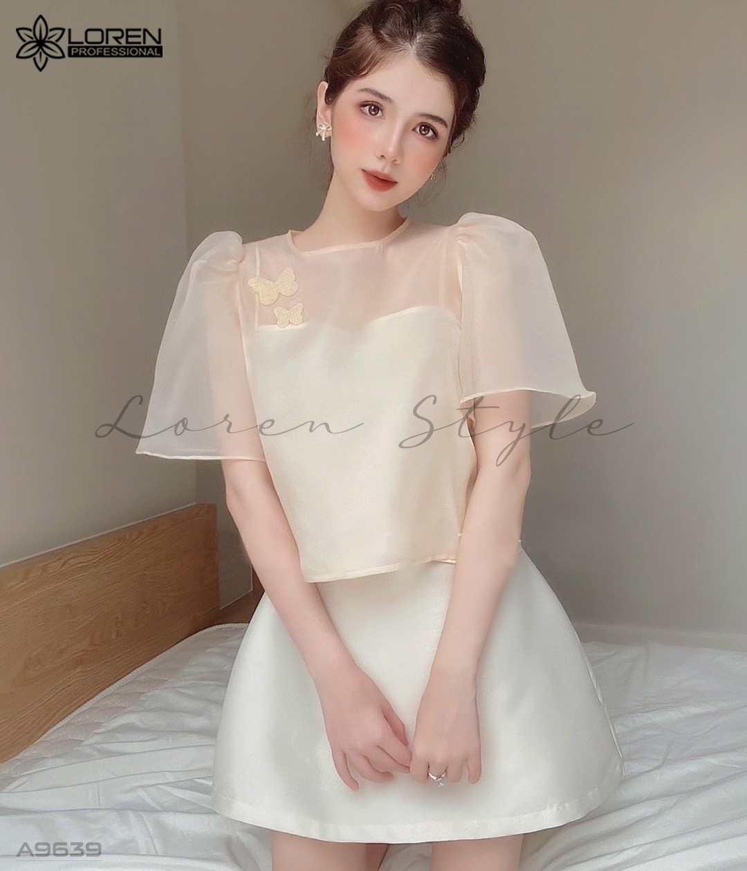 Set voan đính bướm kem A9639