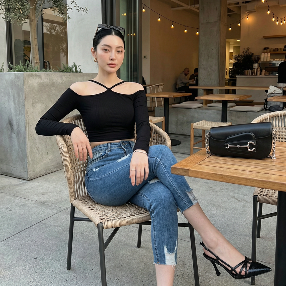 Áo nữ LOREN bo gân chéo cổ A61025