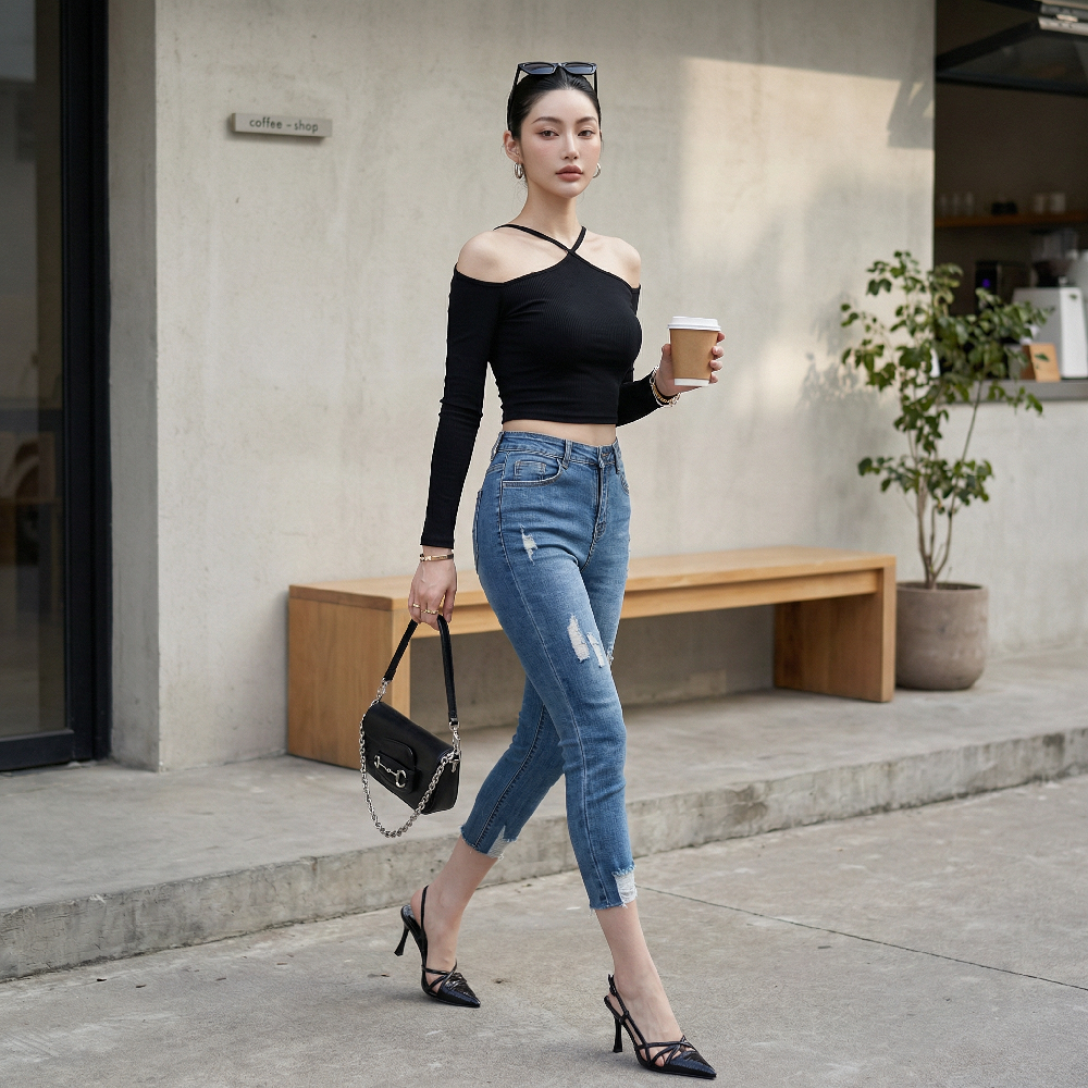 Áo nữ LOREN bo gân chéo cổ A61025