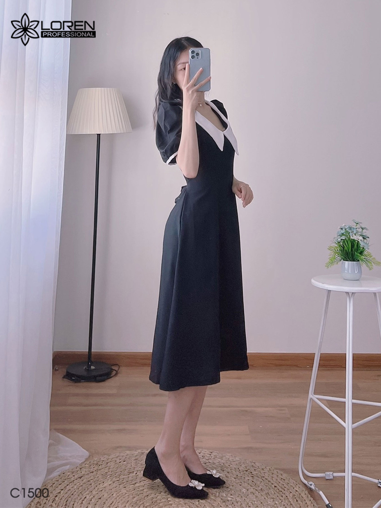 Đầm midi đen cổ peter trắng C1500