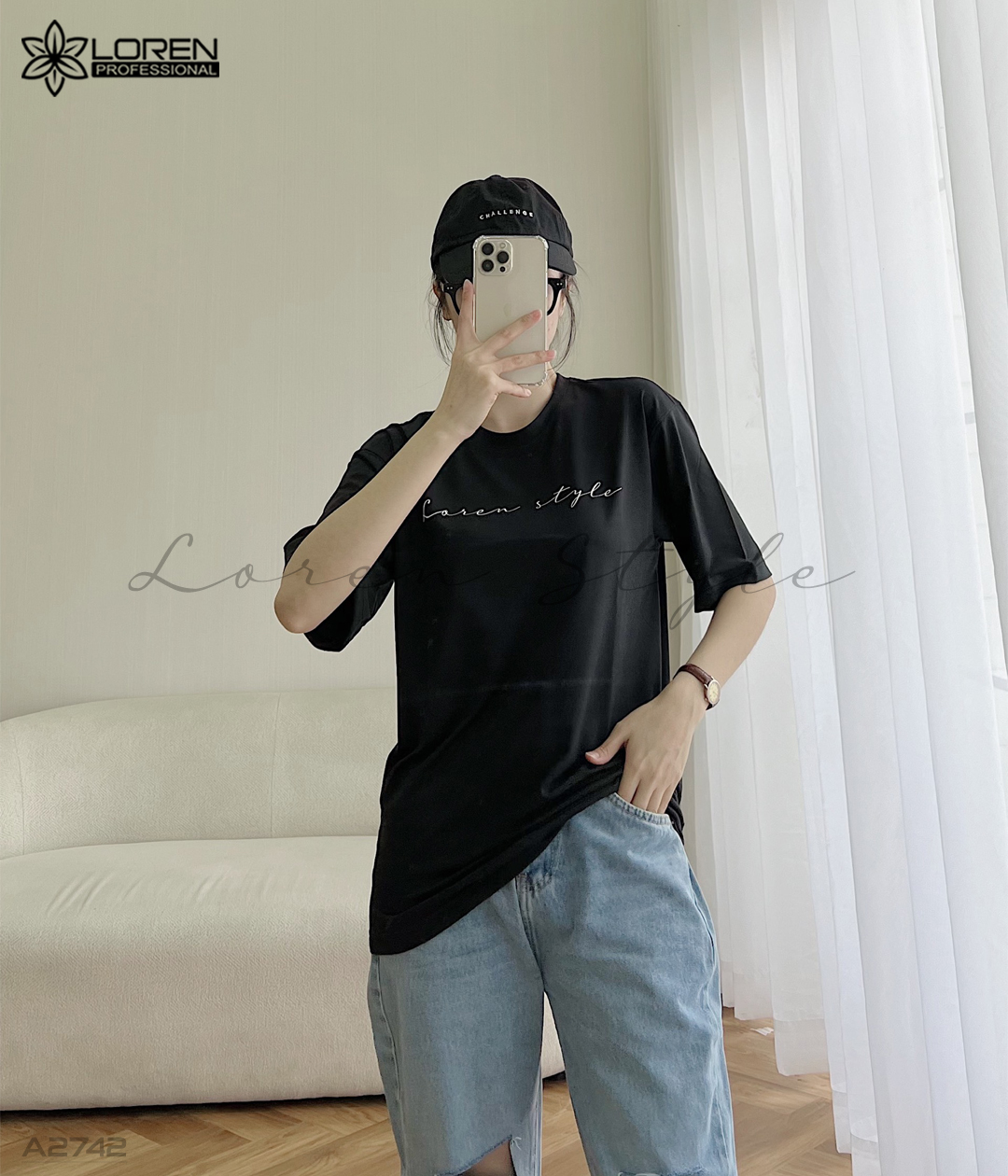 Áo thun nữ LOREN chữ Loren style đen A2742