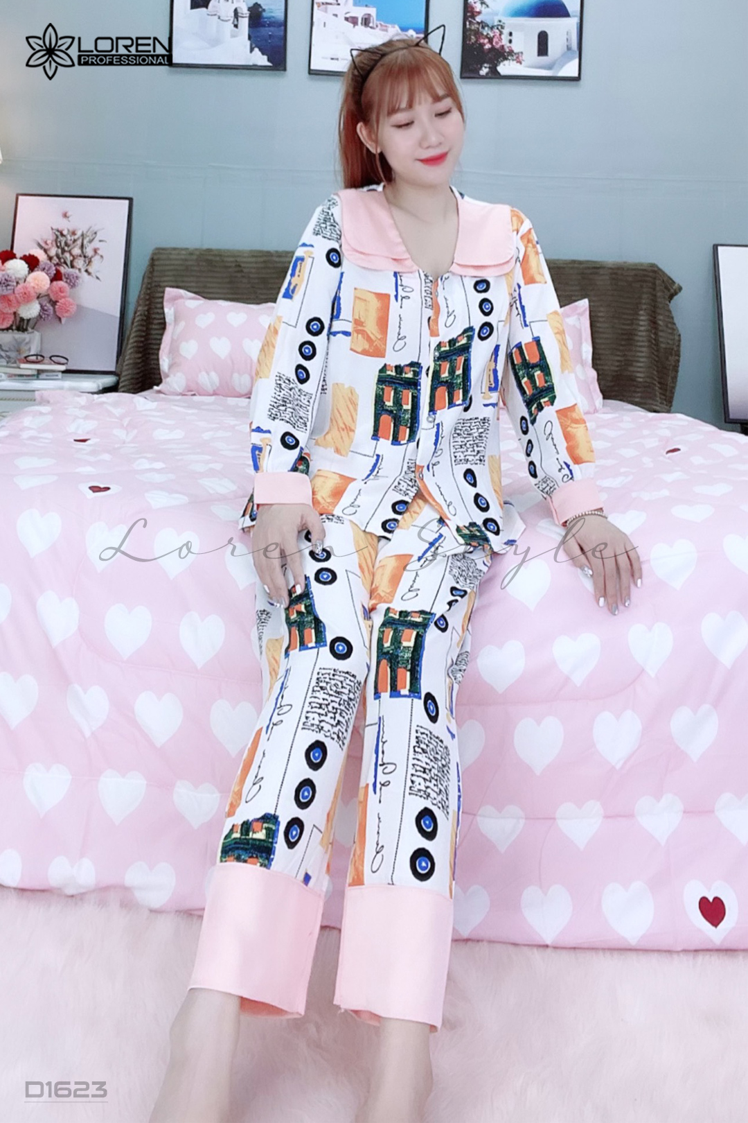 Đồ ngủ pijama dài phối cổ sen trắng D1623