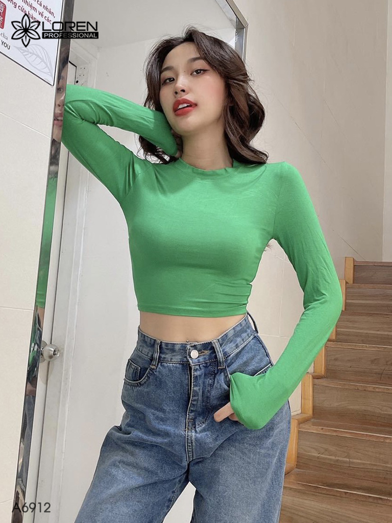 Áo kiểu nữ loren xanh lá tay dài cổ tròn A6912