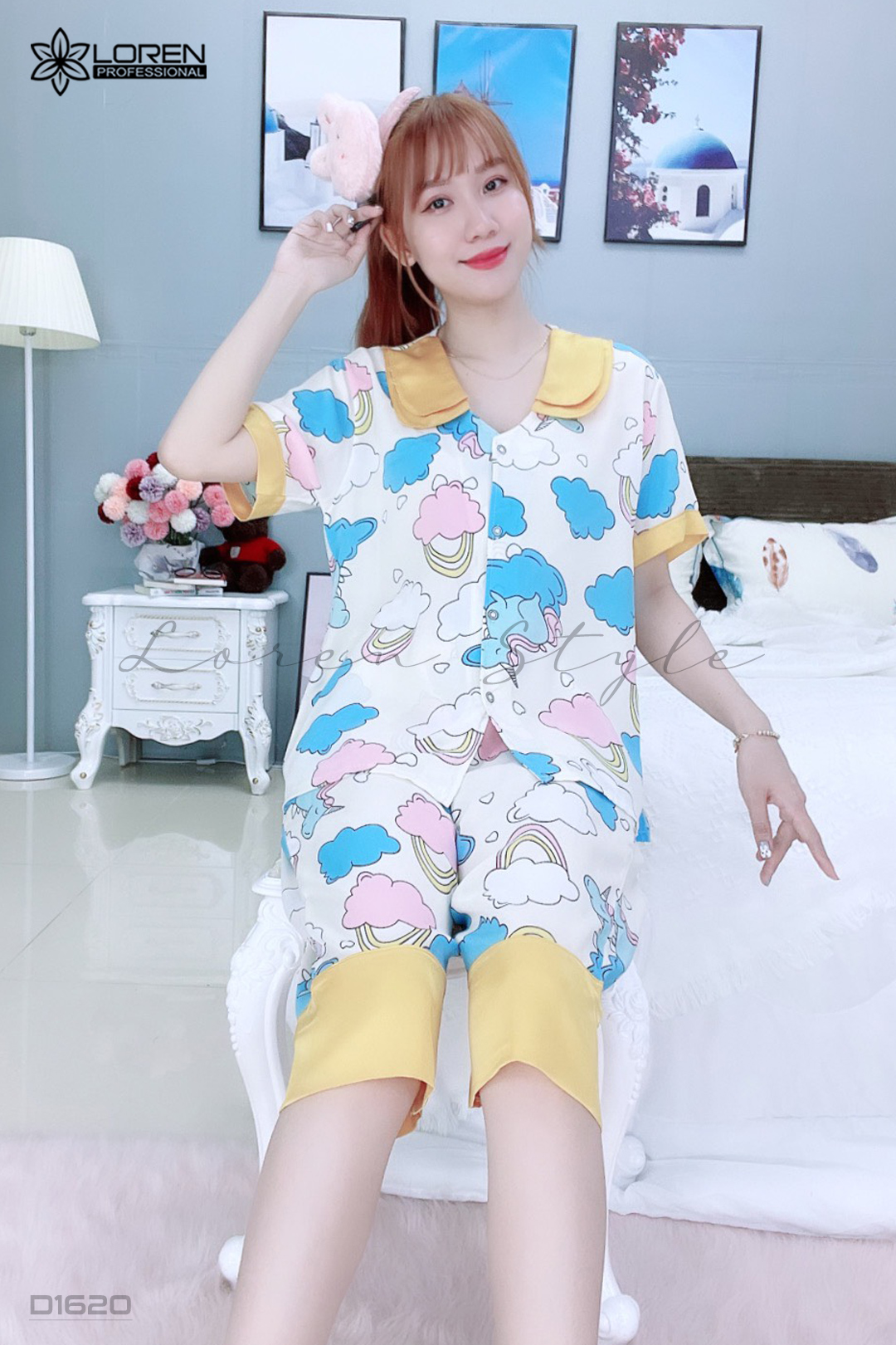 Đồ ngủ pijama lửng phối 2 lá kem D1620
