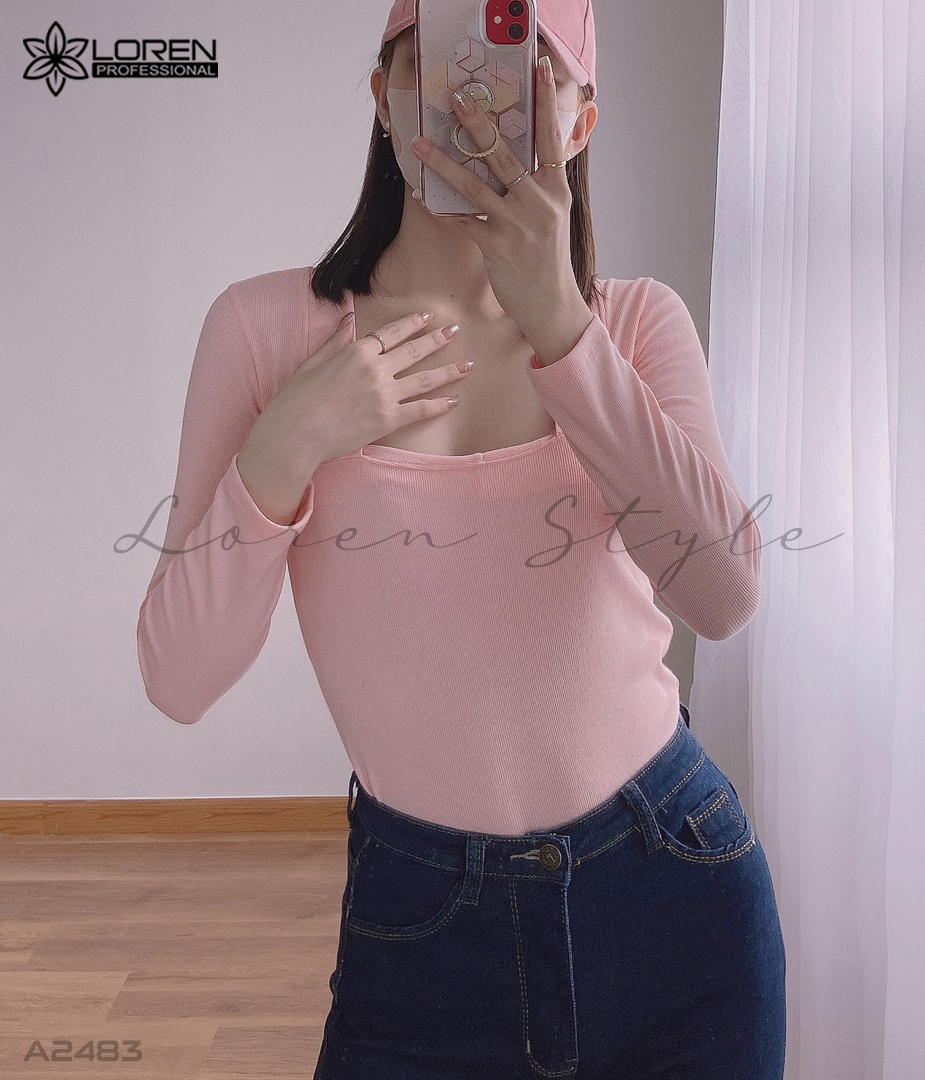Áo thun nữ LOREN tay dài cổ vuông hồng A2483