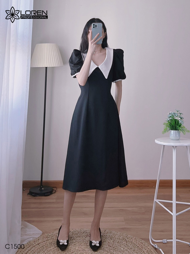 Đầm midi đen cổ peter trắng C1500