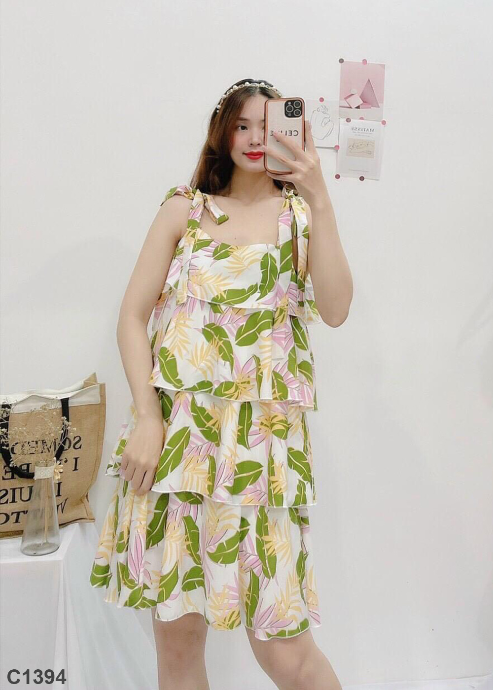 Đầm 2 dây tầng lá trắng C1394