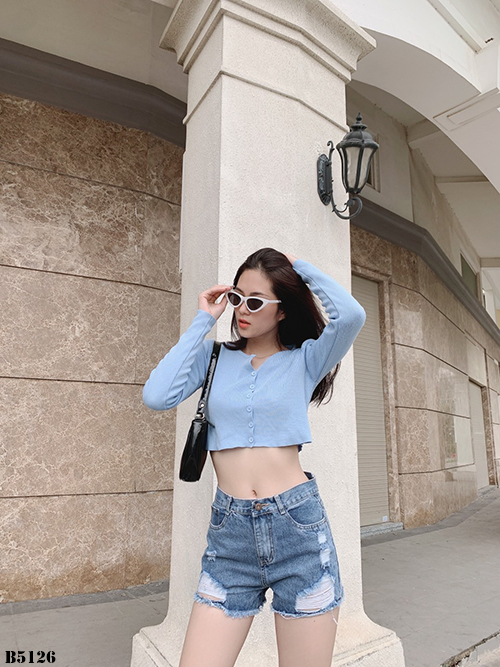 Quần jean short rách tua xanh B5126