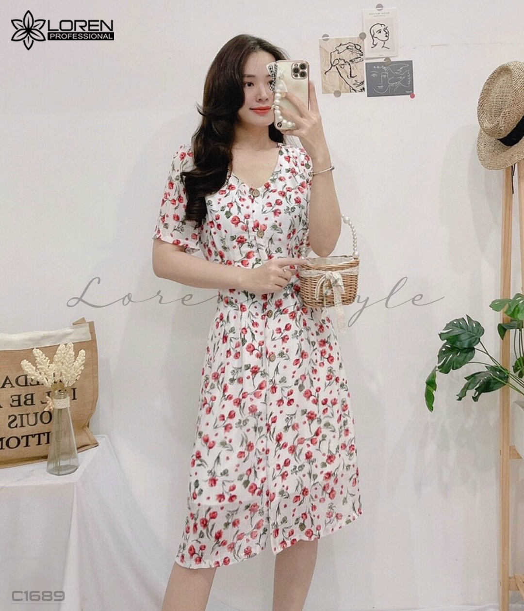 Đầm hoa nhí đỏ nút gỗ C1689