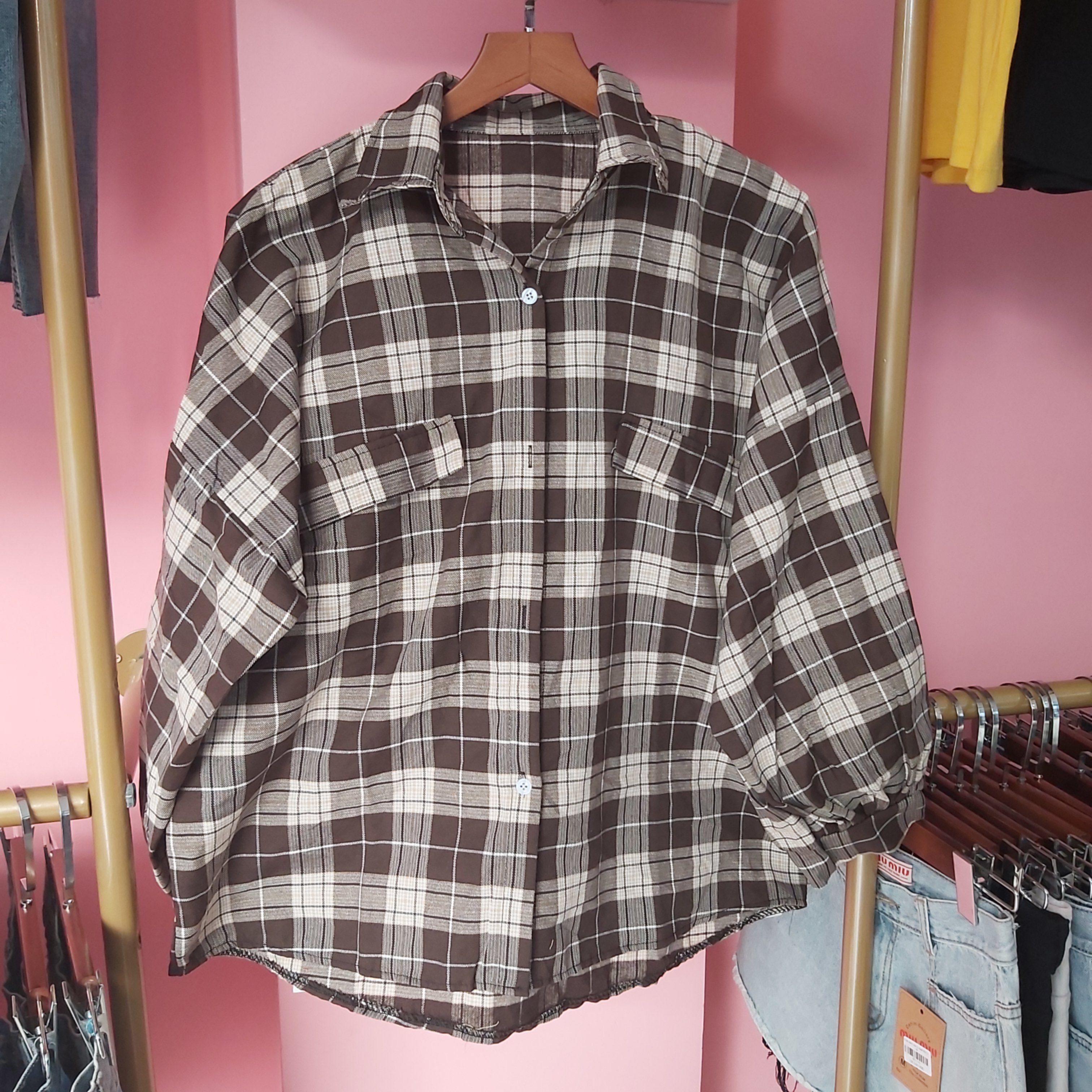 Áo sơ mi tay phồng caro nâu A1326